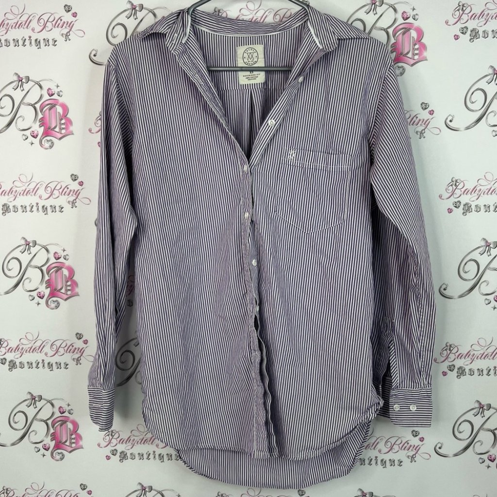 Talula Button Up Long Sleeve Purple White Striped Casual Shirt Boyfriend Fit
